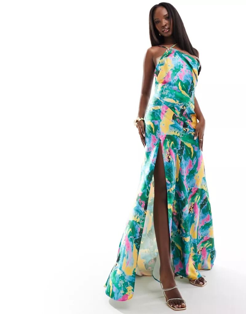 Атласное платье-комбинация макси с абстрактным принтом на одно плечо True Violet 12storeez платье комбинация на одно плечо