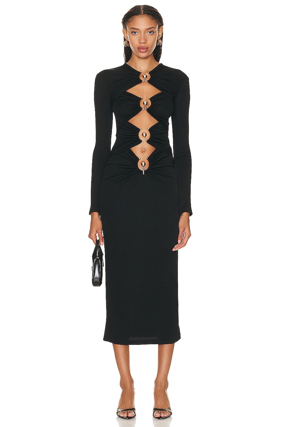 Платье Christopher Esber Orbit Ruched Long Sleeve, черный