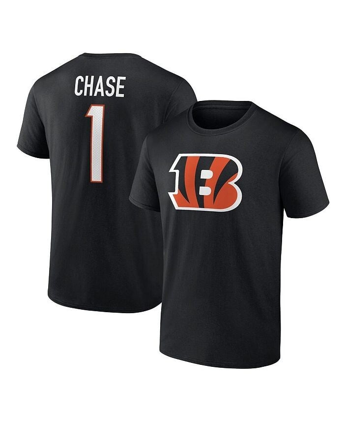 

Мужская черная футболка с логотипом Ja'Marr Chase Cincinnati Bengals со значком игрока, именем и номером Fanatics, черный