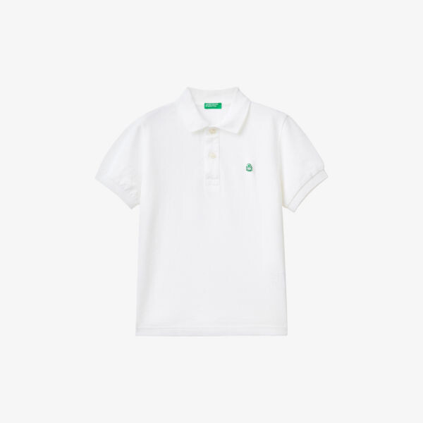 

Хлопковая рубашка-поло с вышитым логотипом для 6–14 лет Benetton, белый