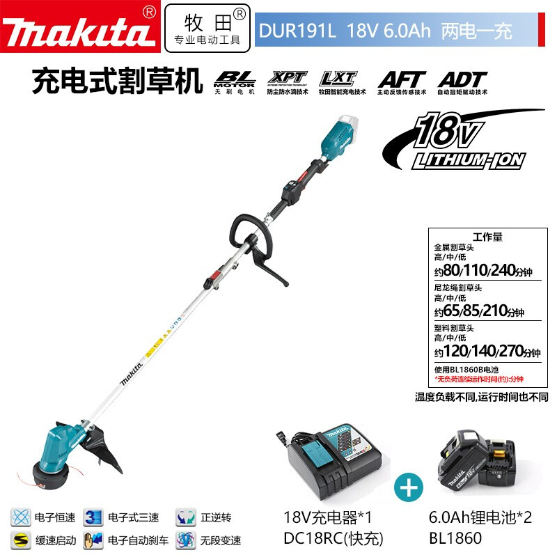 Makita DUR191L бесщеточная литиевая батарея, перезаряжаемая газонокосилка, кусторез, кольцевая ручка, 18V6.0Ah, две батареи, быстрая зарядка