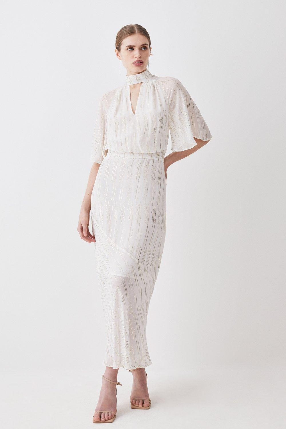 Тканое платье миди с рукавами ангела и металлизированной нитью Karen Millen, белый