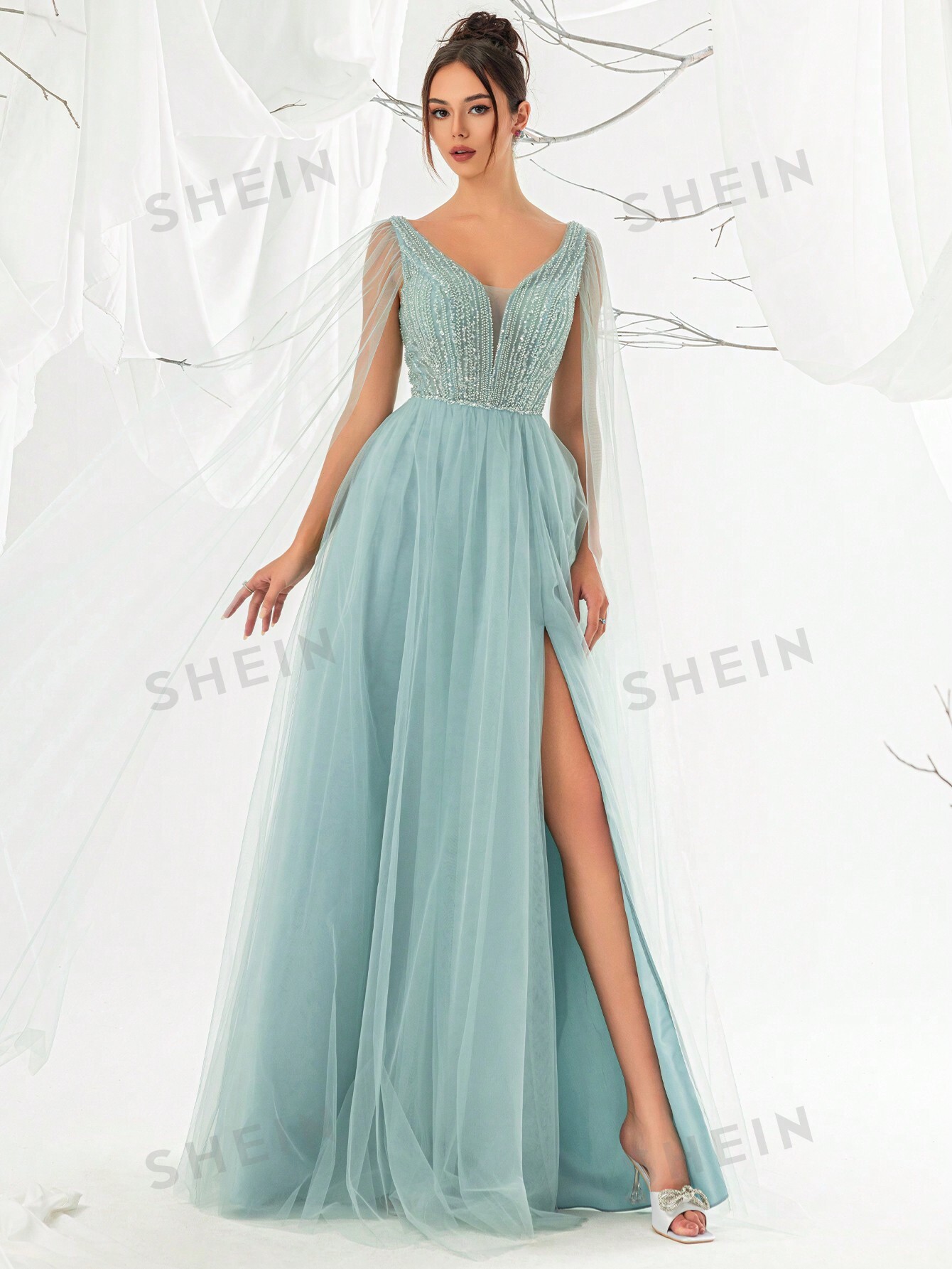 Женское элегантное вечернее платье макси с блестками и блестками из сетки с высоким разрезом, синий цена и фото