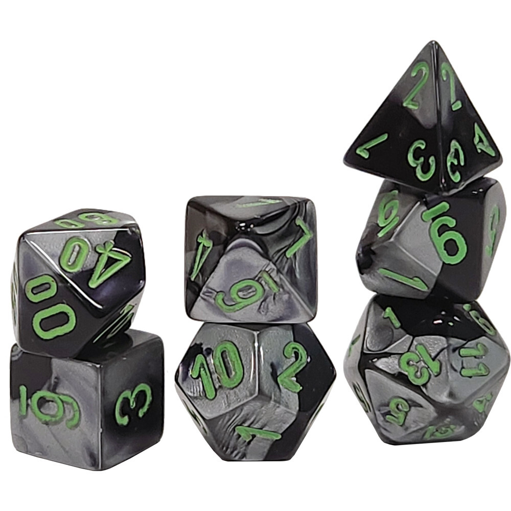 

Аксессуары Chessex Chessex Mini Dice Set: Gemini - Black-Grey w/ Green (7)