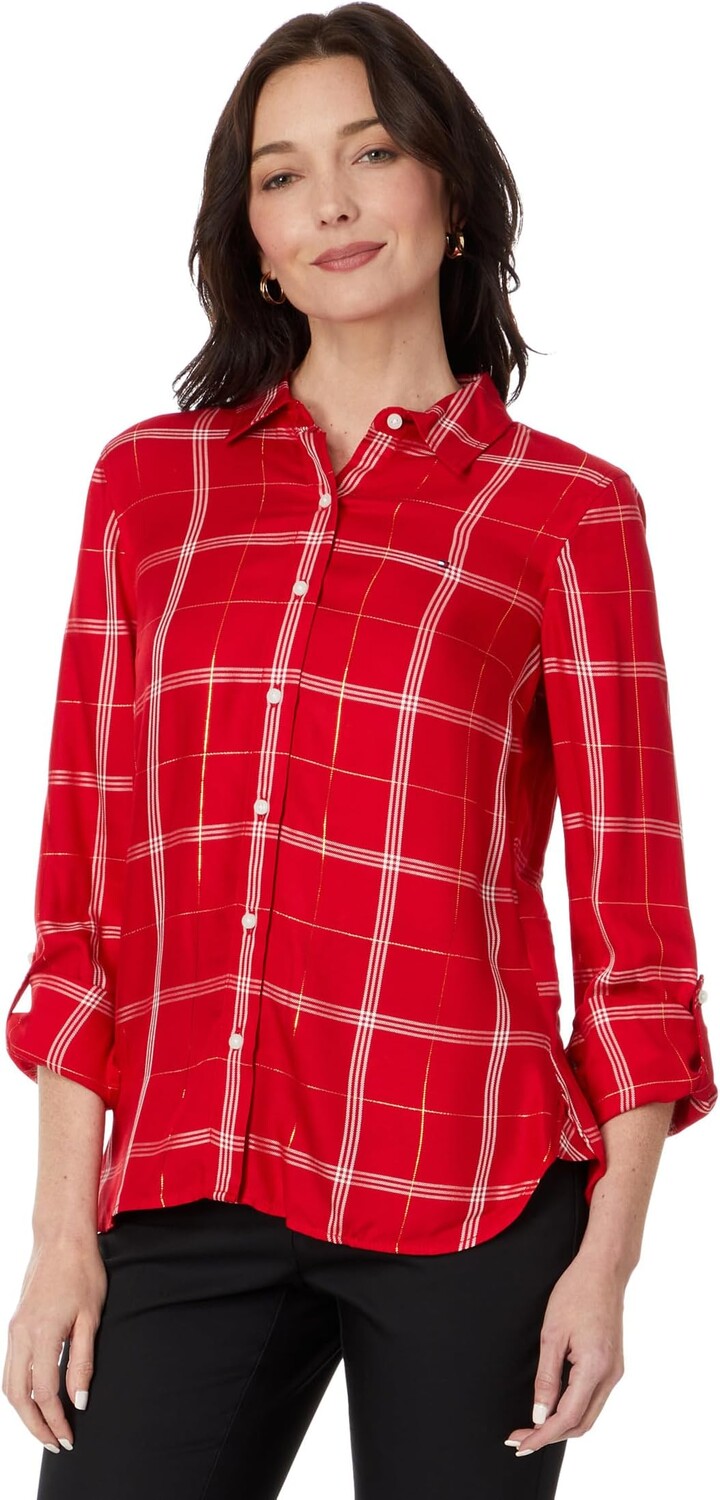 

Рубашка Windowpane Roll Tab Tommy Hilfiger, цвет Scarlet Multi