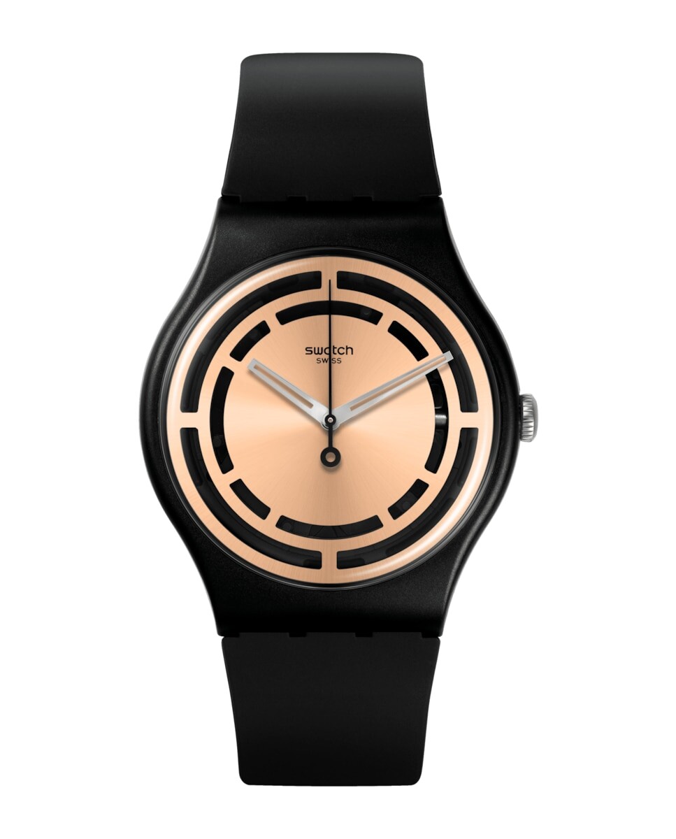 

Часы с прозрачной надписью и черным силиконовым ремешком Swatch, черный