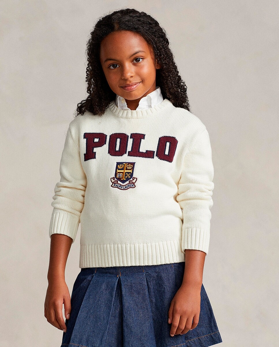 

Хлопковый свитер для девочки с поло Polo Ralph Lauren, кремовый