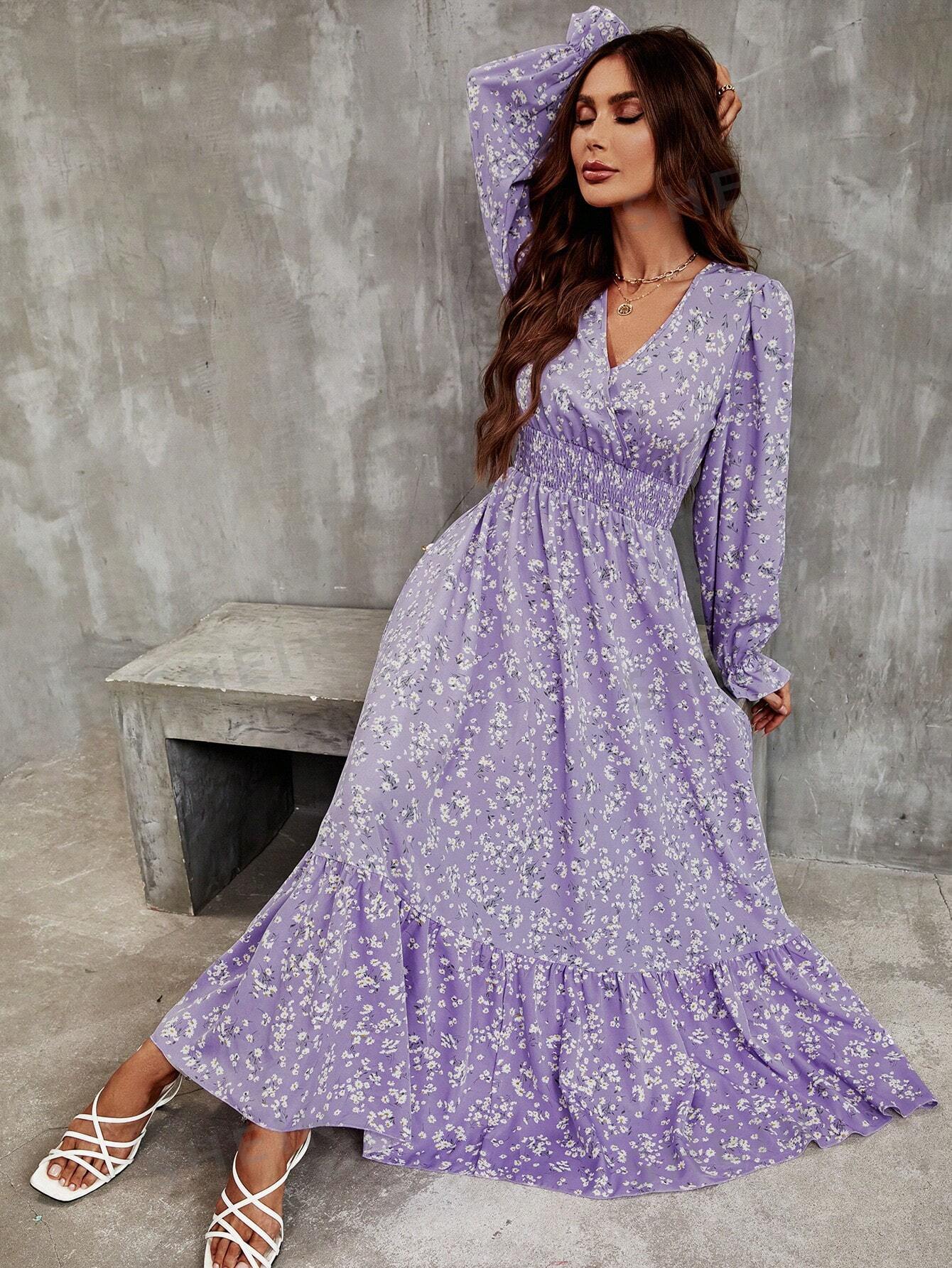 SHEIN LUNE Женское платье миди с запахом на талии и растительным принтом, сиреневый фиолетовый