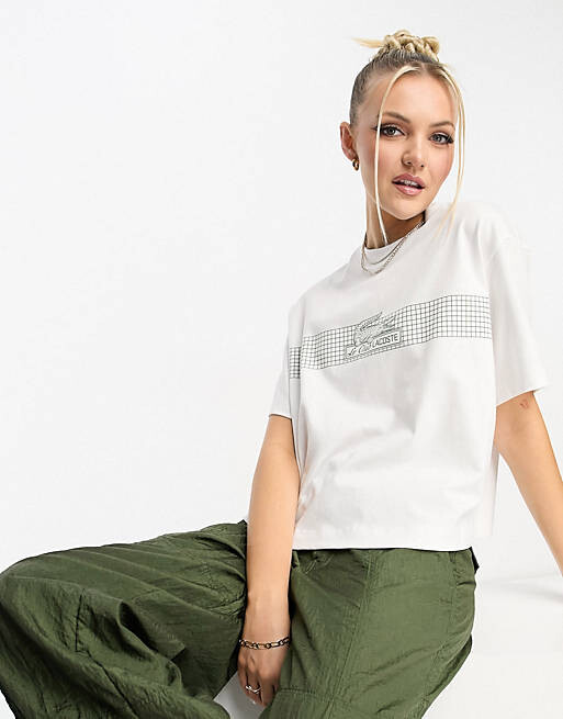 

Белая футболка оверсайз Lacoste с рисунком на груди, Белый