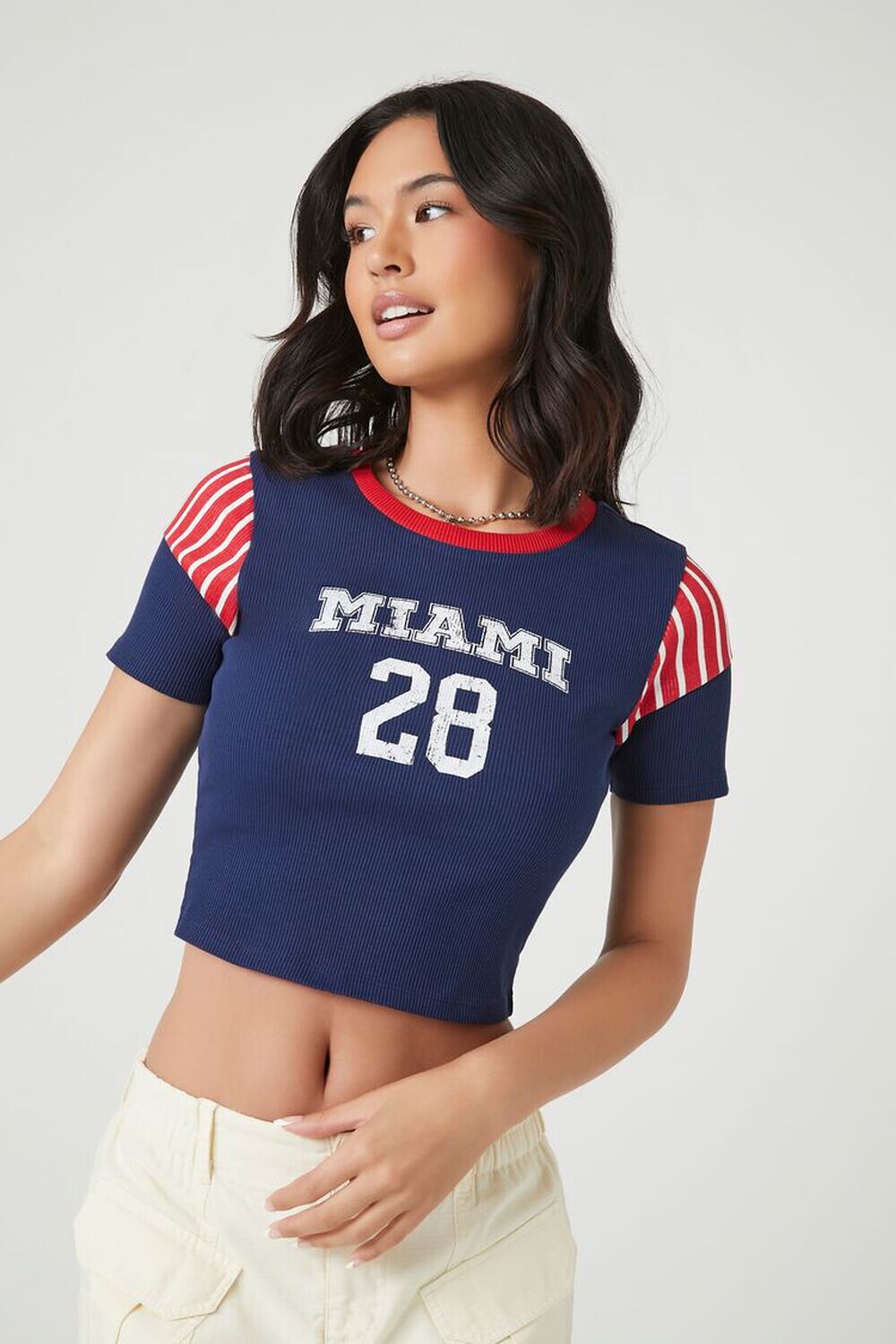 

Укороченная футболка Miami в рубчик с рисунком Forever 21, нави