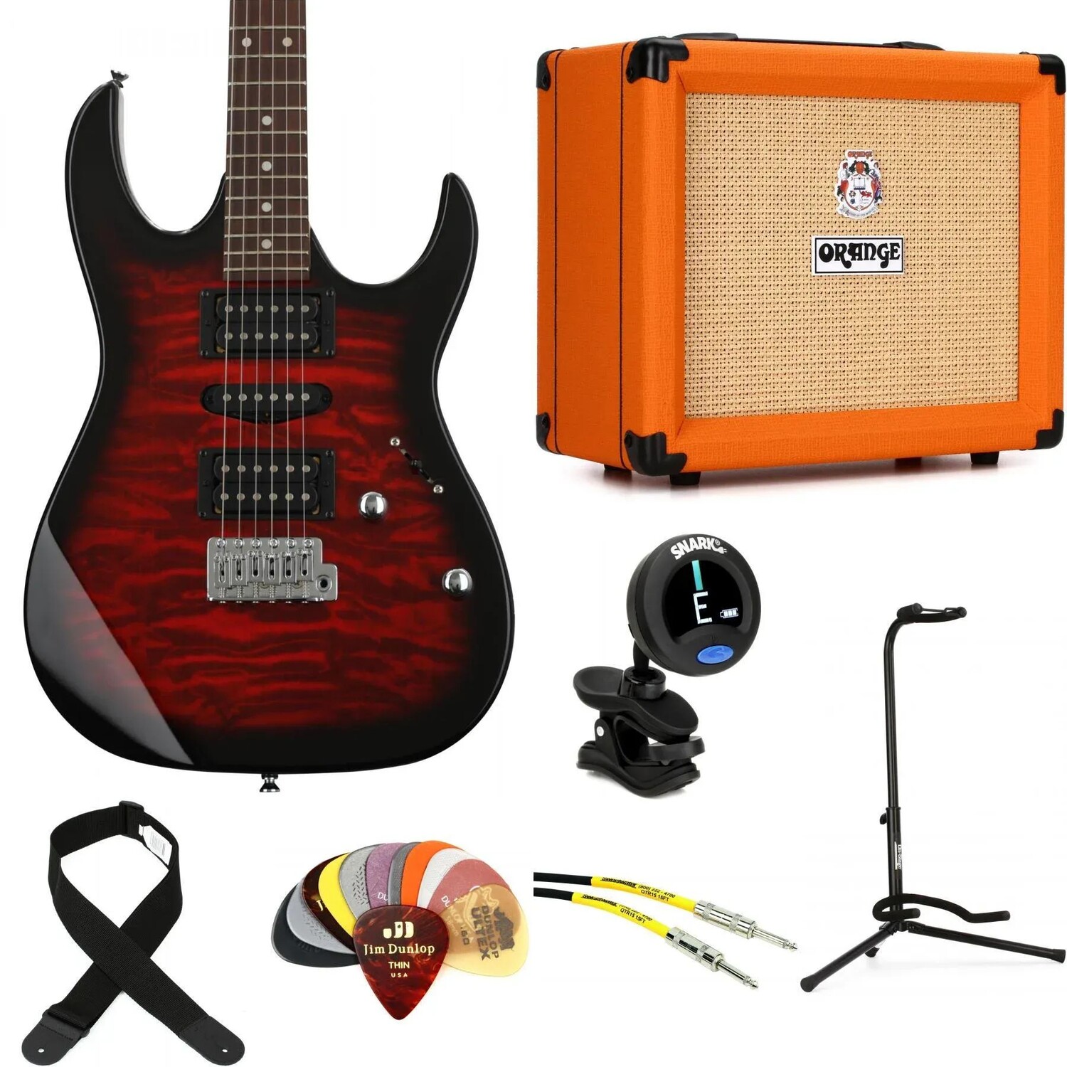 

Электрогитара Ibanez Gio GRX70QA и комплект аксессуаров Orange Crush 20 Amp Essentials — Transparent Red Burst