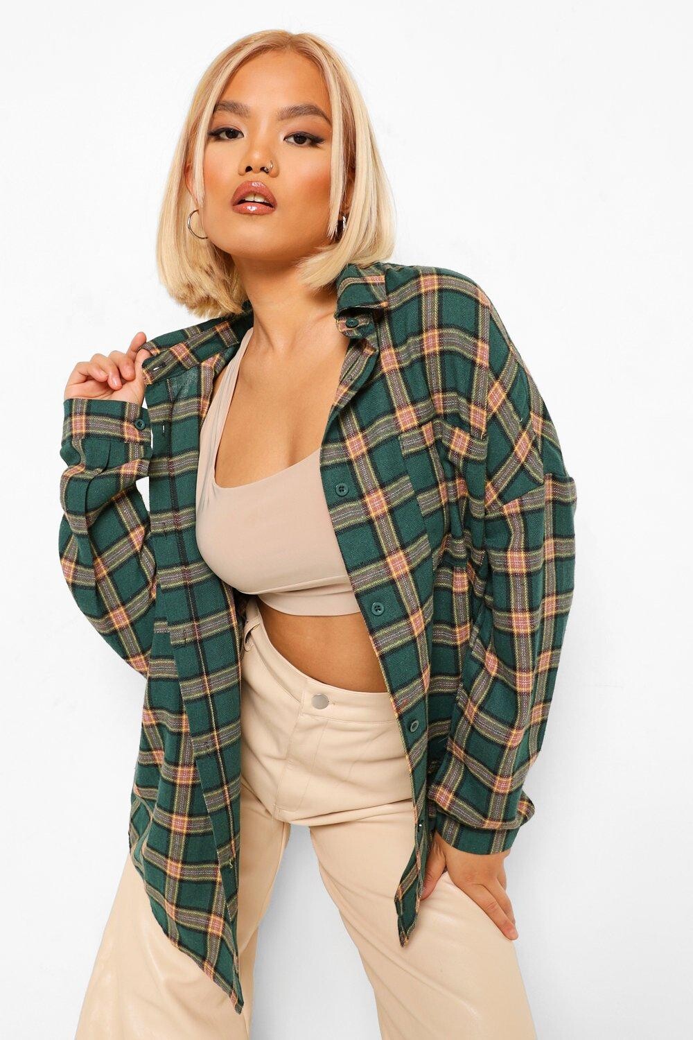 

Рубашка оверсайз из маленькой фланели Boohoo, хаки