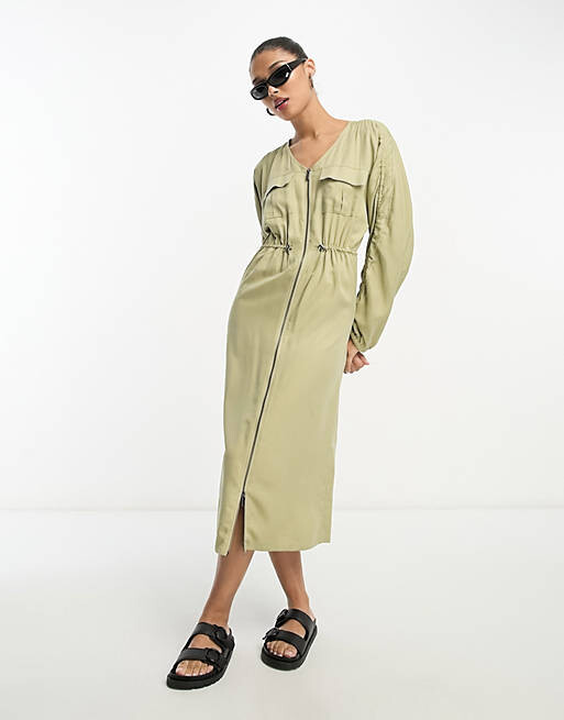 

Платье миди в стиле шалфея с завязками и карманами ASOS DESIGN