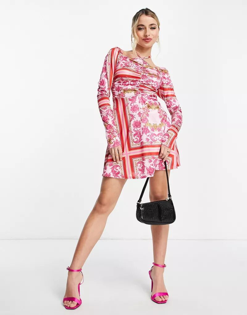 Розовое мини-платье с плиссированной юбкой In The Style x Liberty, воротником-хомутом и пышными рукавами the big con