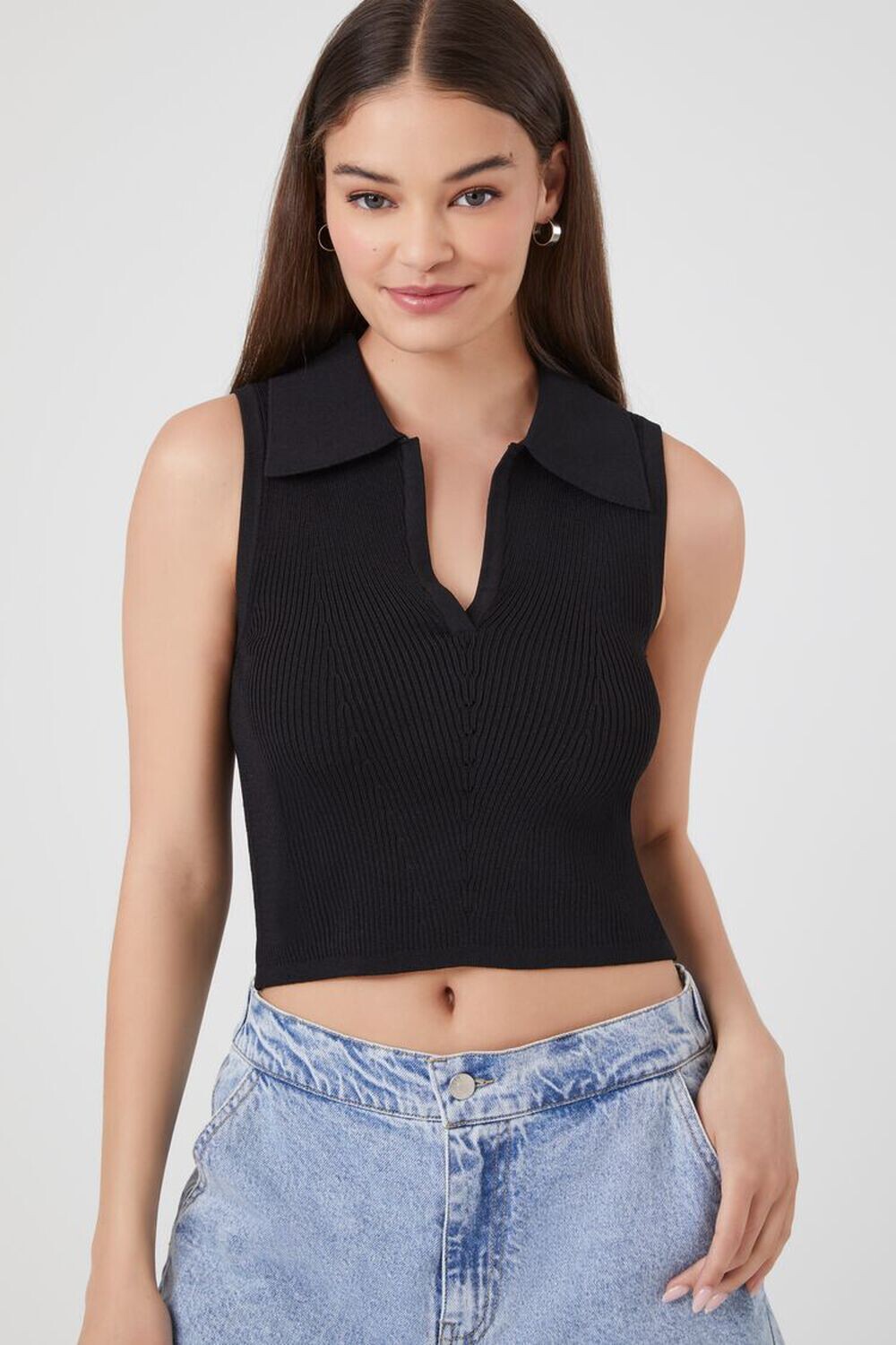 

Укороченный вязаный топ-свитер Pointelle Forever 21, черный