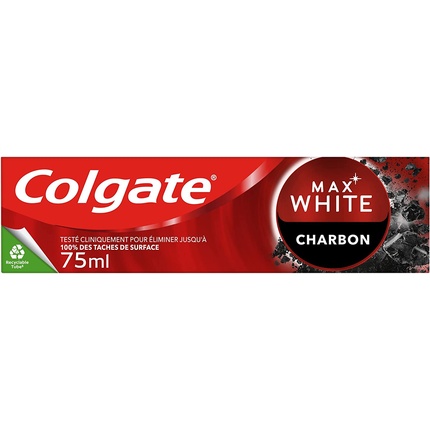 

Colgate Max White Отбеливающая зубная паста с натуральным углем, 75 мл — удаляет до 100% поверхностных пятен