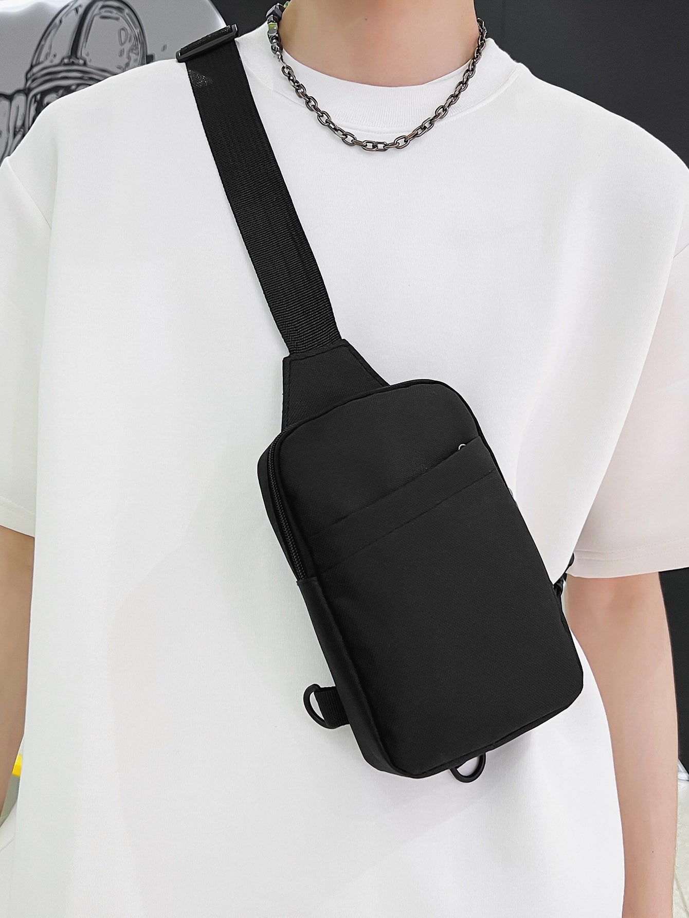 мужская плоская сумка слинг 6196 блек гладкий Мини-мужская минималистичная сумка-слинг, черный