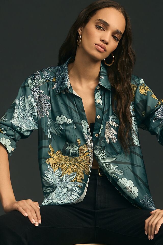 

Блузка свободная Anthropologie на пуговицах, зеленый