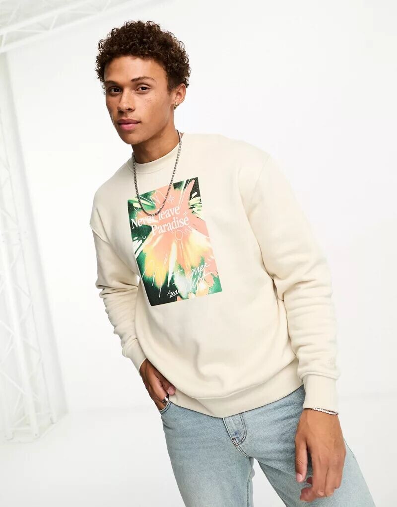 

Толстовка Pull&Bear цвета экрю с принтом «Never Leave Paradise»