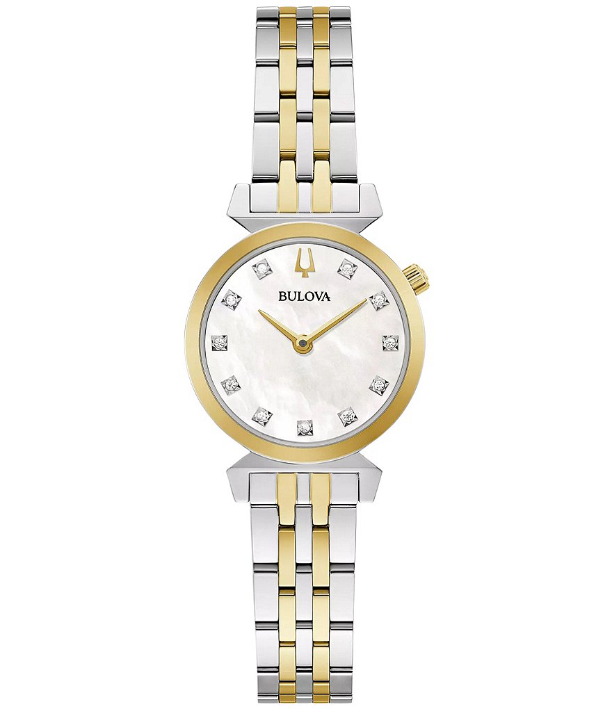 цена Женские кварцевые аналоговые двухцветные часы Bulova Regatta с браслетом из нержавеющей стали, мультиколор