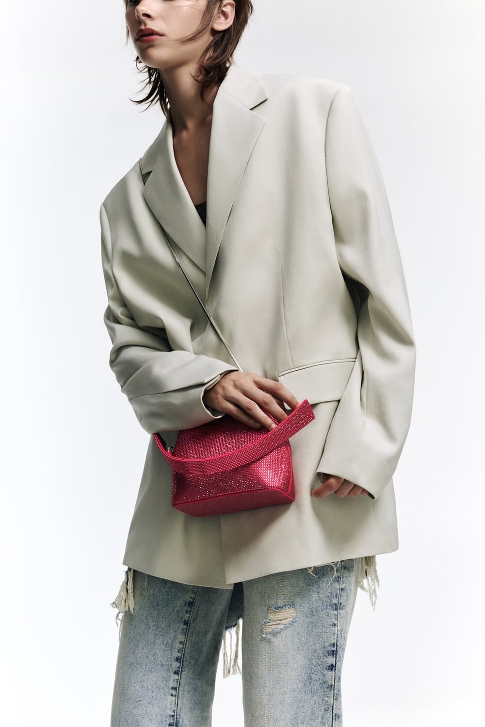 

Мини-сумка-ведро со стразами ZARA, розовый