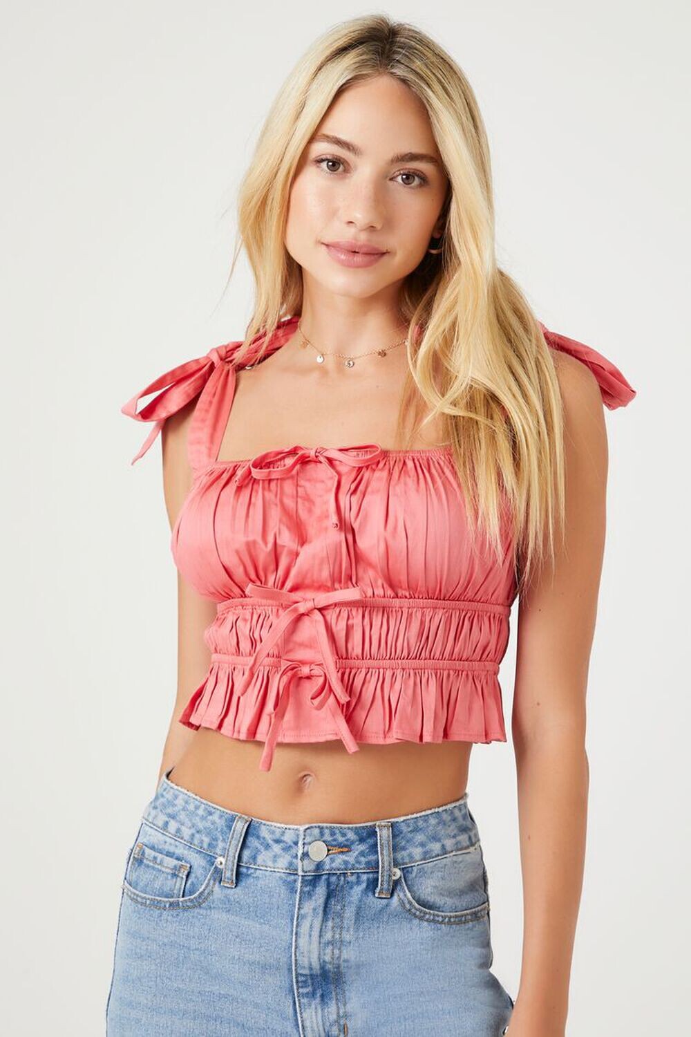

Укороченный топ с бантом и завязками Forever 21, розовый