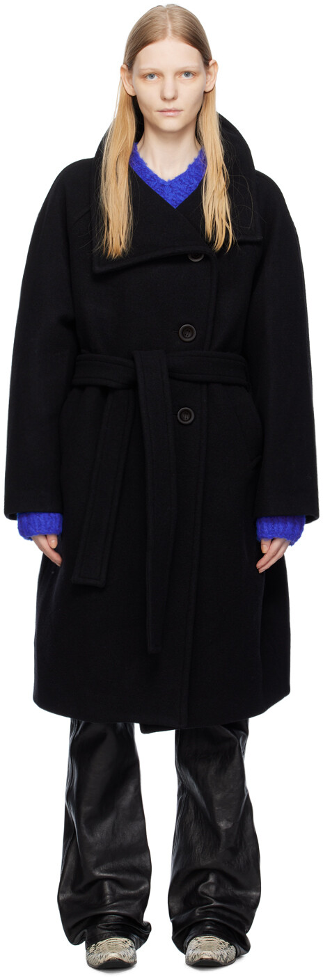 

Черное пальто с поясом Acne Studios, Черный