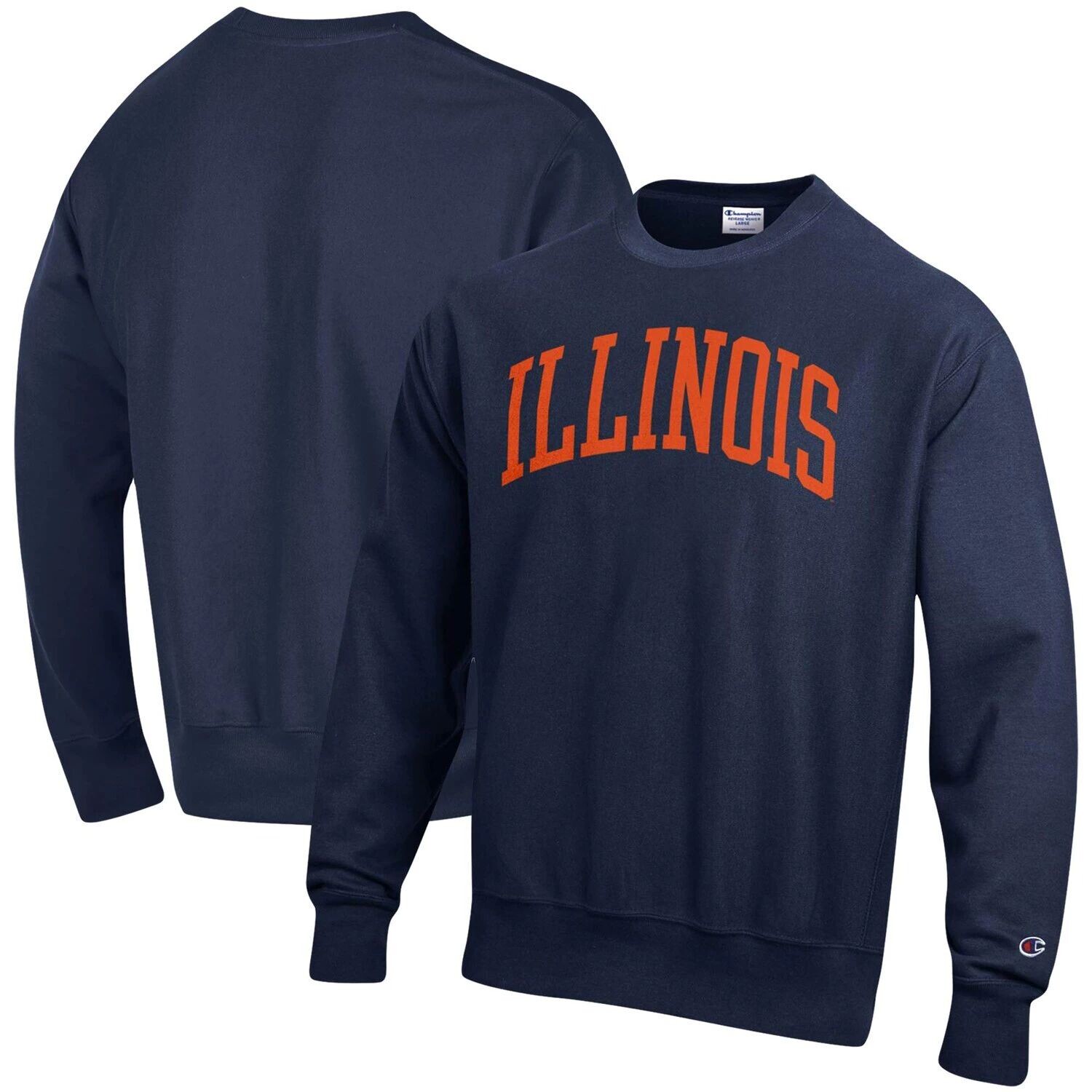 

Мужской темно-синий пуловер с принтом Illinois Fighting Illini Arch обратного переплетения Champion