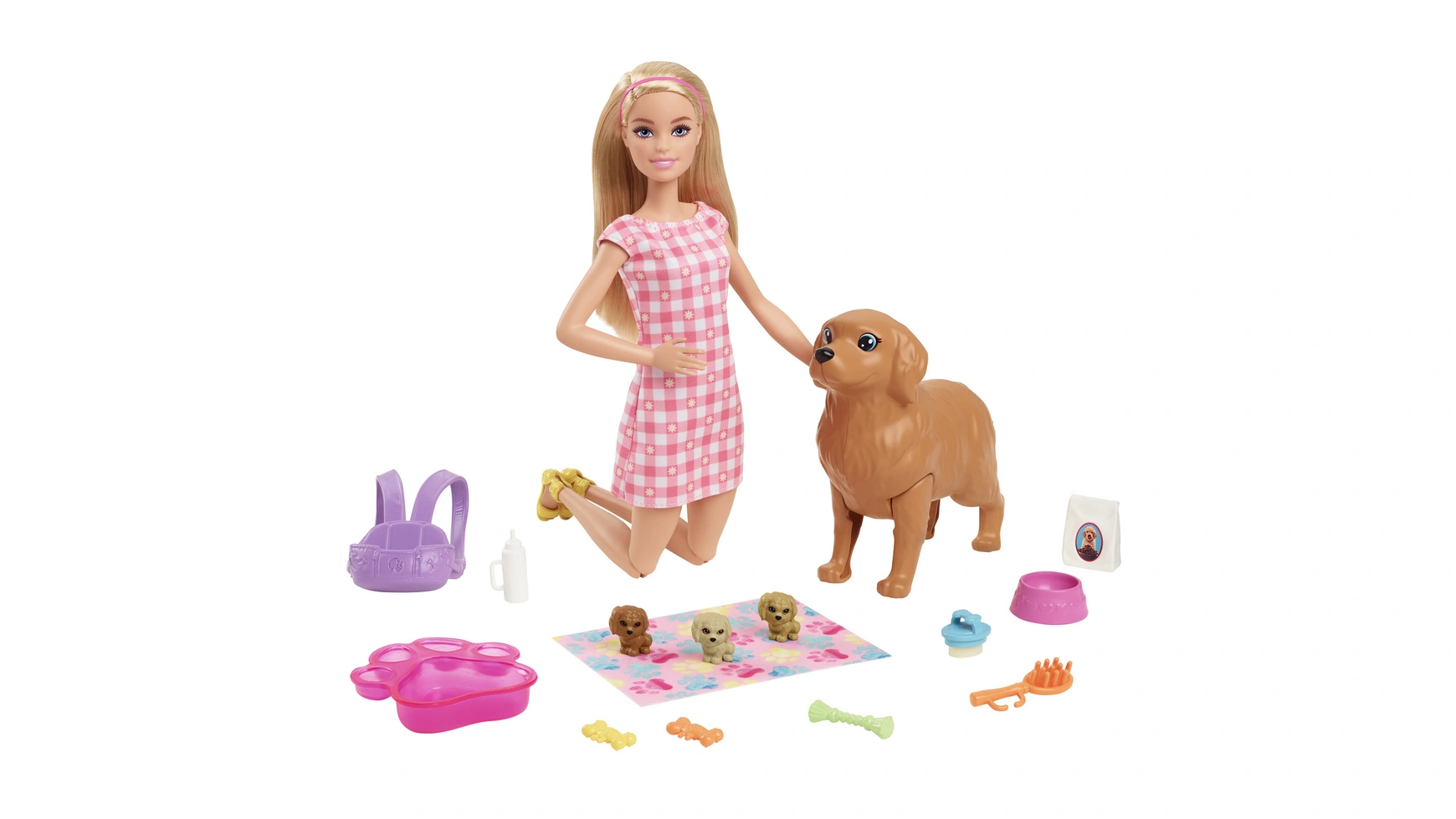 цена Кукла Barbie (блондинка) с собакой и щенком, набор с аксессуарами.