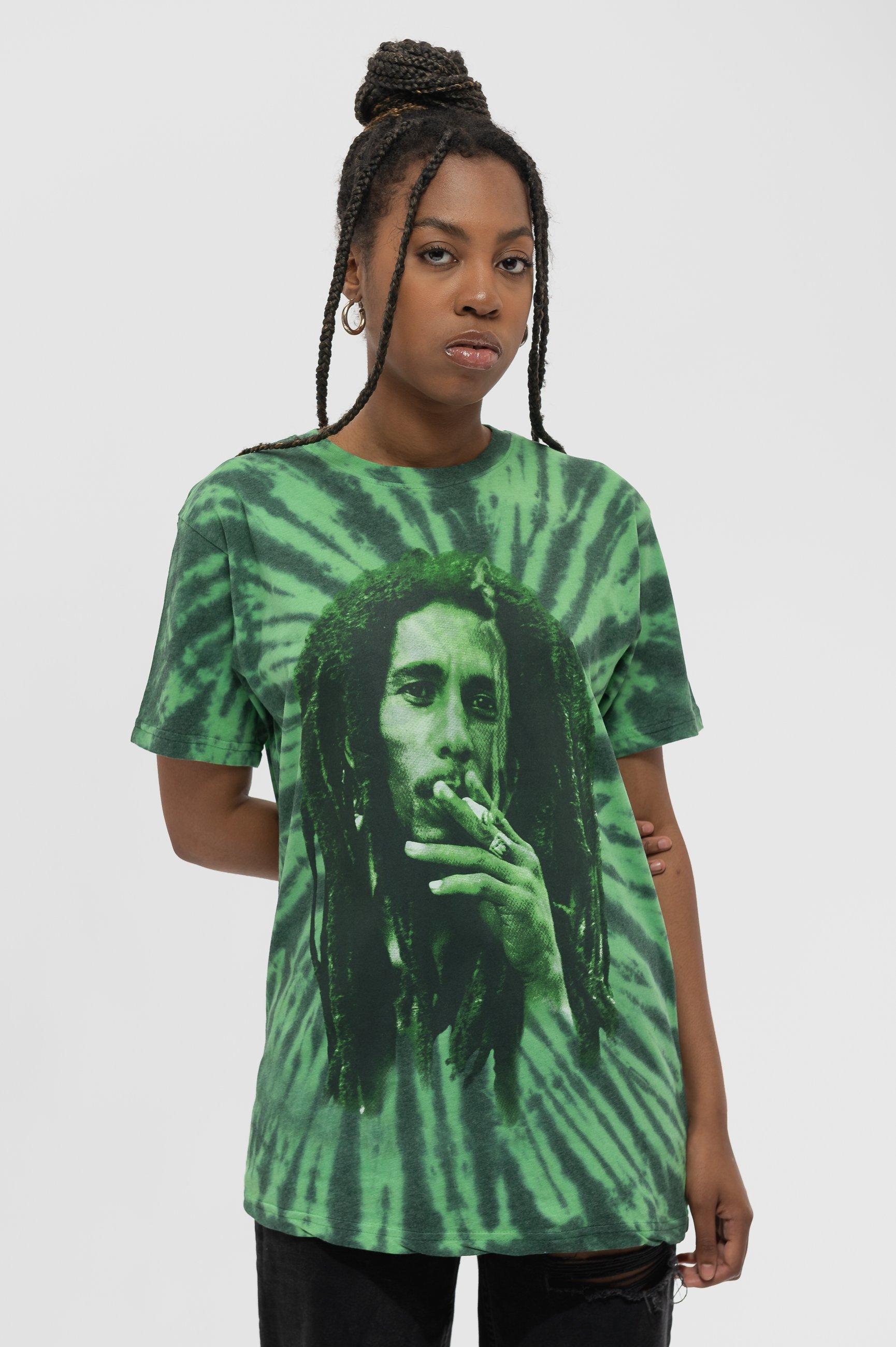 цена Футболка с дымчатым портретом и принтом тай-дай Bob Marley, зеленый