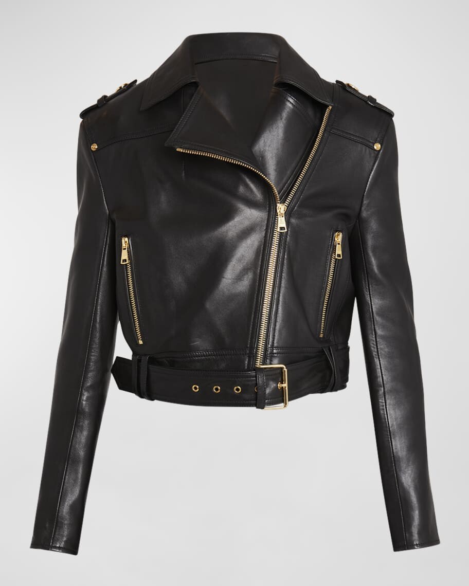 

Укороченная кожаная байкерская куртка с поясом на талии Balmain, Черный