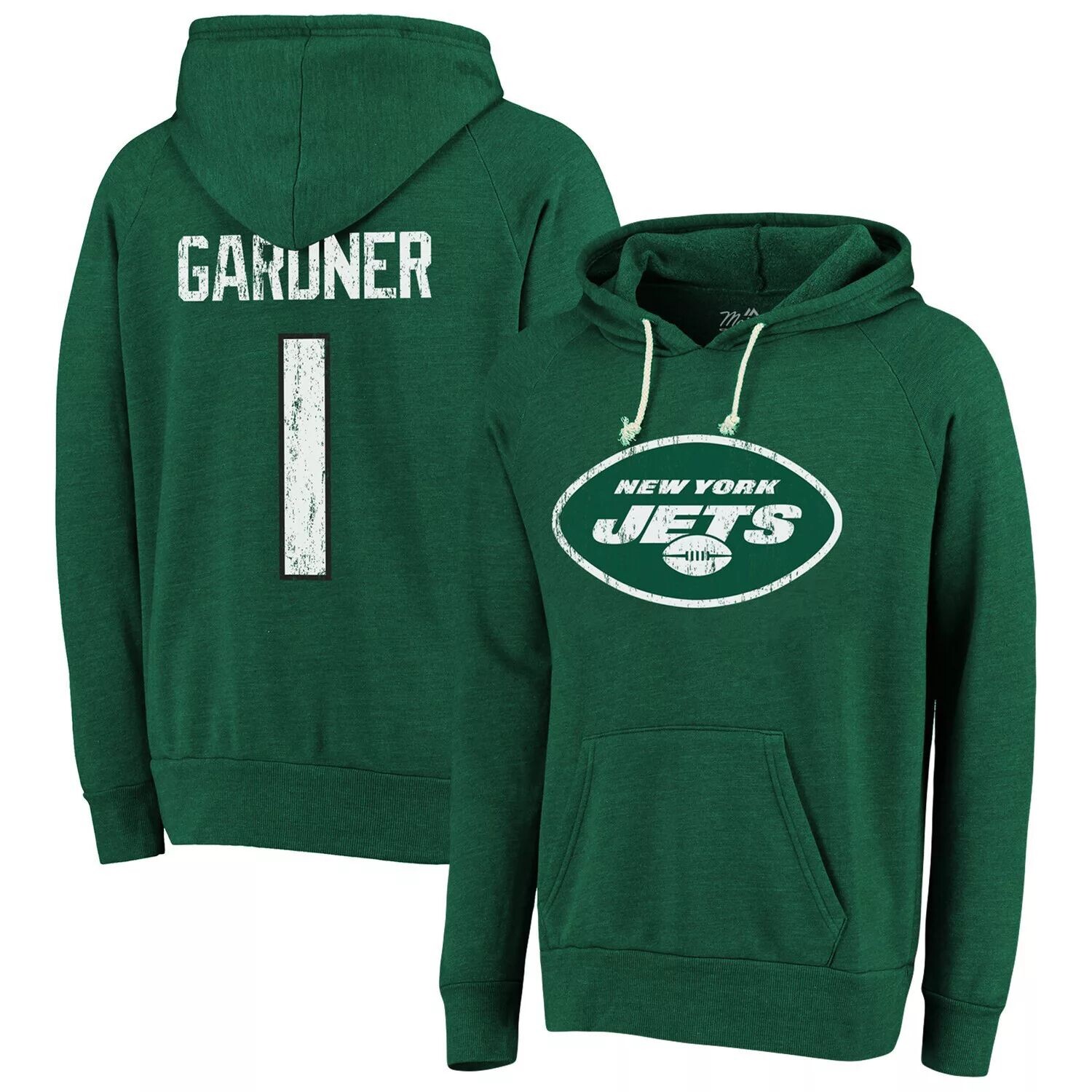 

Мужская толстовка с капюшоном и пуловером Tri-Blend с именем и номером "Нити Ahmad Sauce Gardner Green New York Jets" Majestic
