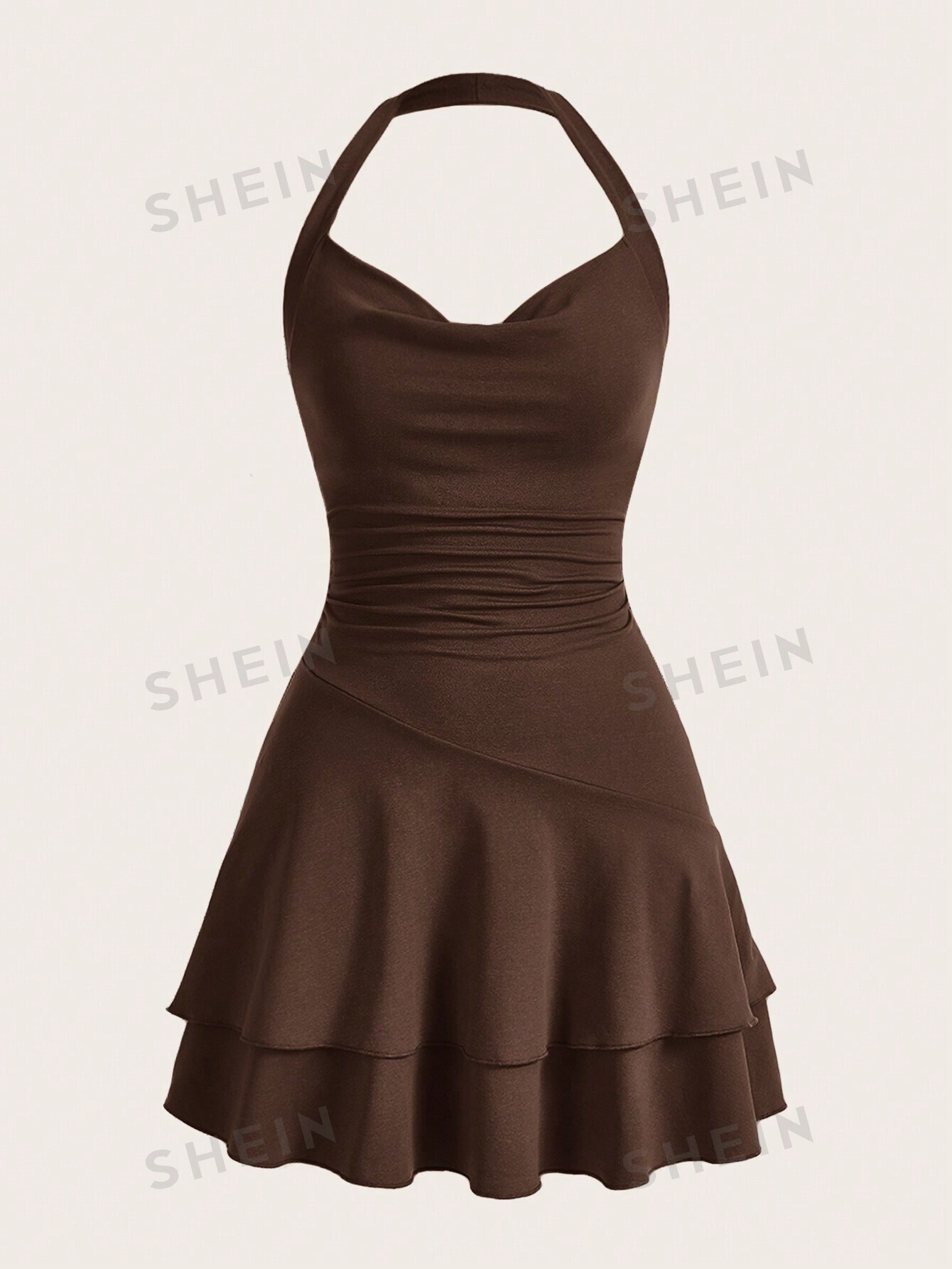 цена SHEIN MOD однотонное женское платье с бретелькой на шее и многослойным подолом, шоколадно-коричневый
