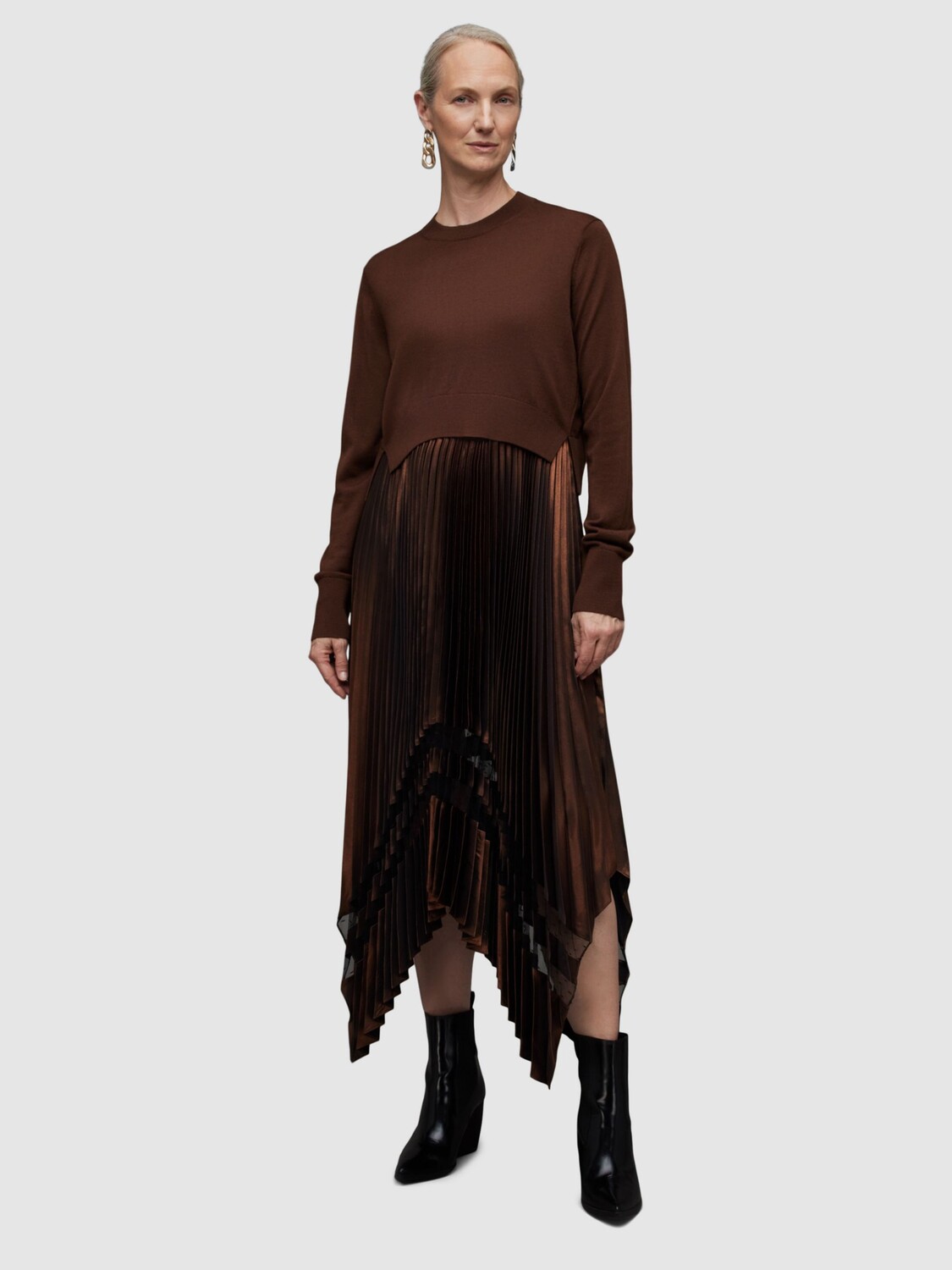 

Платье AllSaints Nadia из шерсти с фольгой, Бледный какао/черный