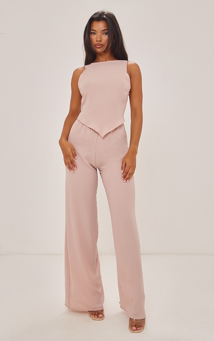 

PrettyLittleThing Комбинезон с широкими штанинами и асимметричным подолом, льняной эффект Stone