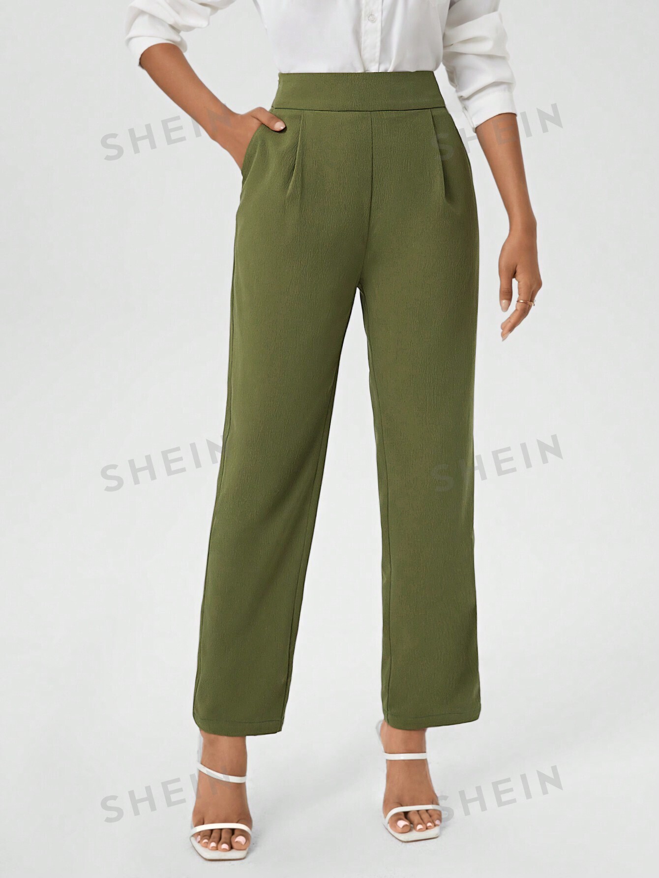 цена Женские однотонные плиссированные брюки с карманом, зеленый
