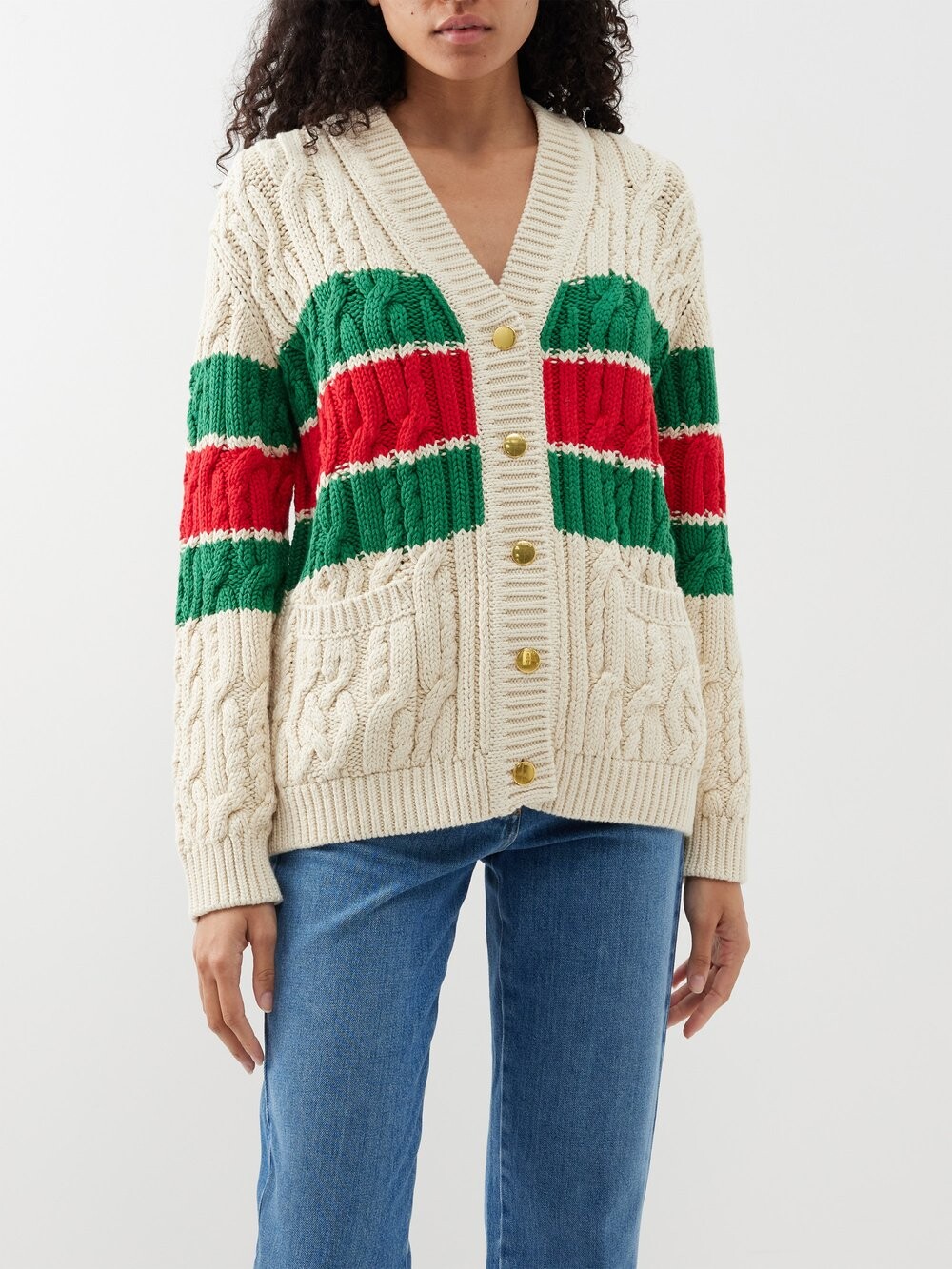

Хлопковый кардиган косой вязки web stripe Gucci, бежевый