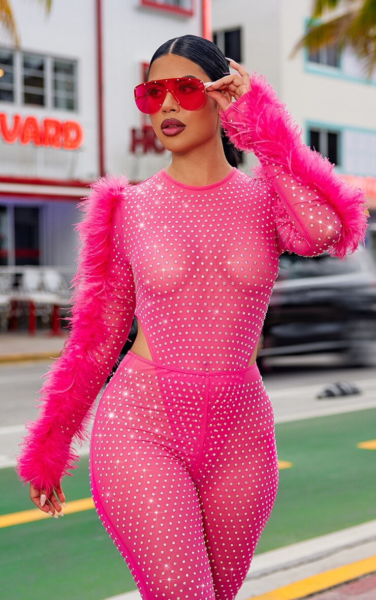 

PrettyLittleThing Розовое боди премиум-класса с украшением в сетку и рукавами-перьями