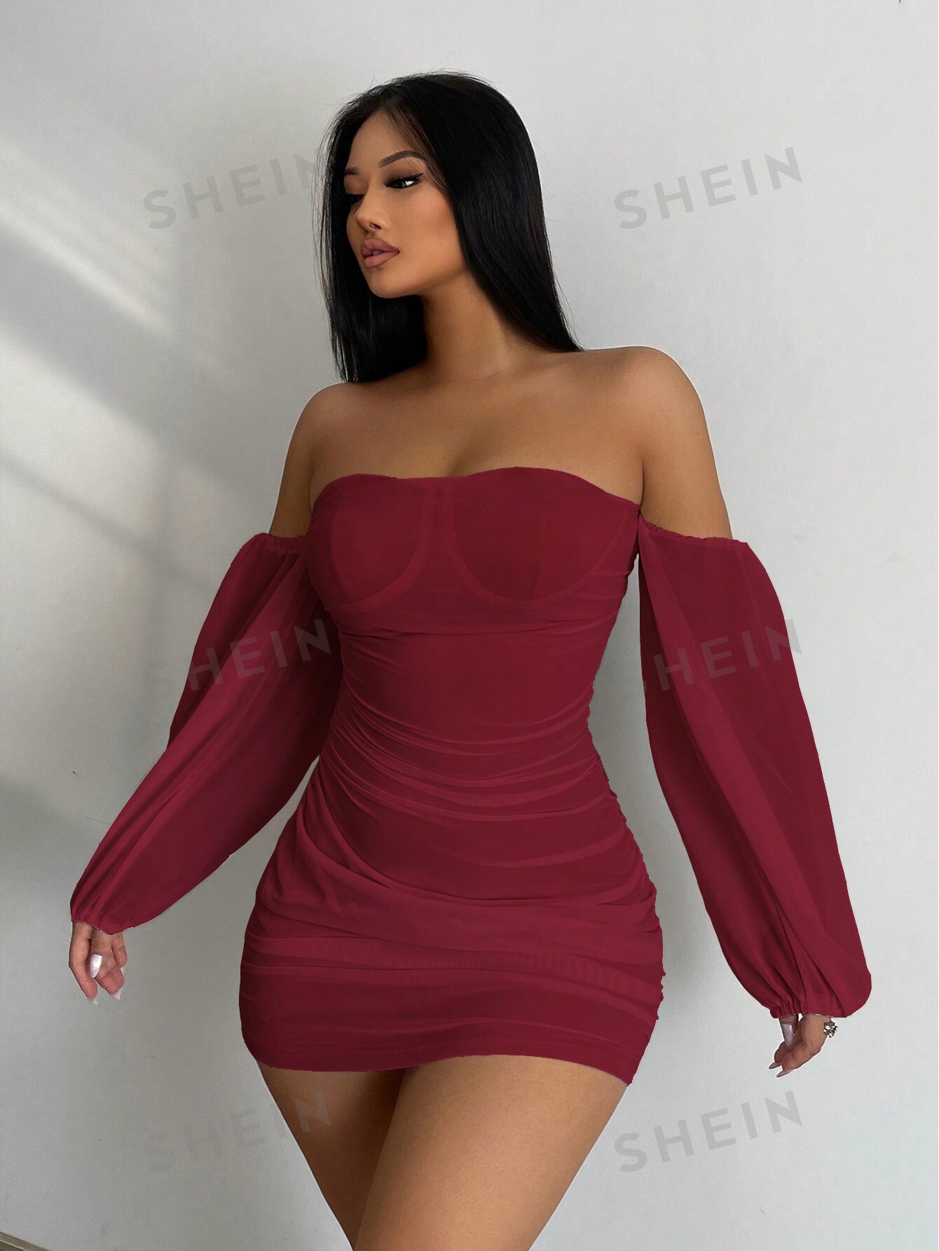 SHEIN SXY Однотонное плиссированное платье узкого кроя на одно плечо, бургундия цена и фото
