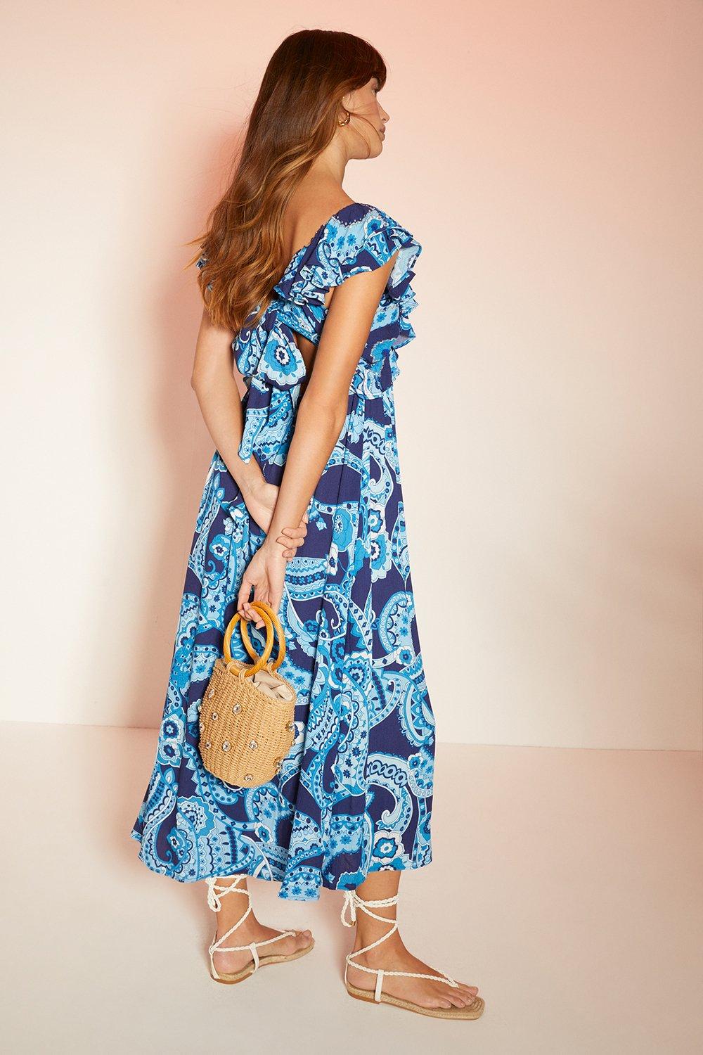 Платье миди с оборками и цветочным принтом пейсли Oasis, синий шифоновое платье миди с цветочным принтом длинным рукавом и оборками