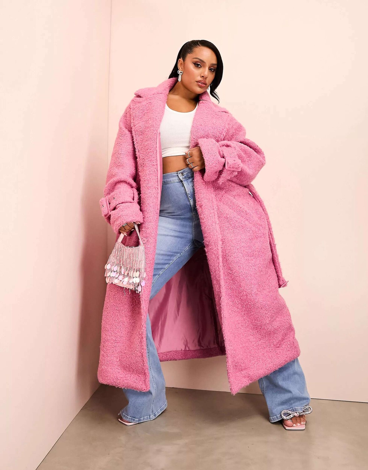 

Розовый удлиненный тренч с поясом на талии ASOS LUXE Curve borg