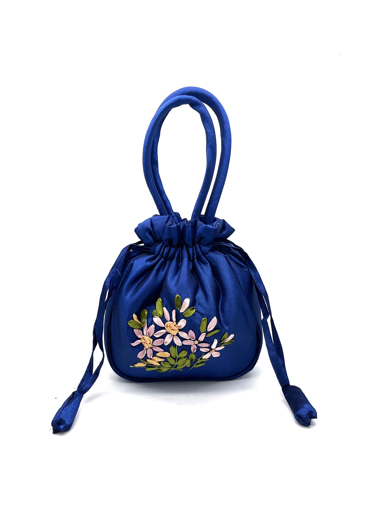 Мини-элегантная сумка-ведро с цветочной вышивкой на шнурке, королевский синий