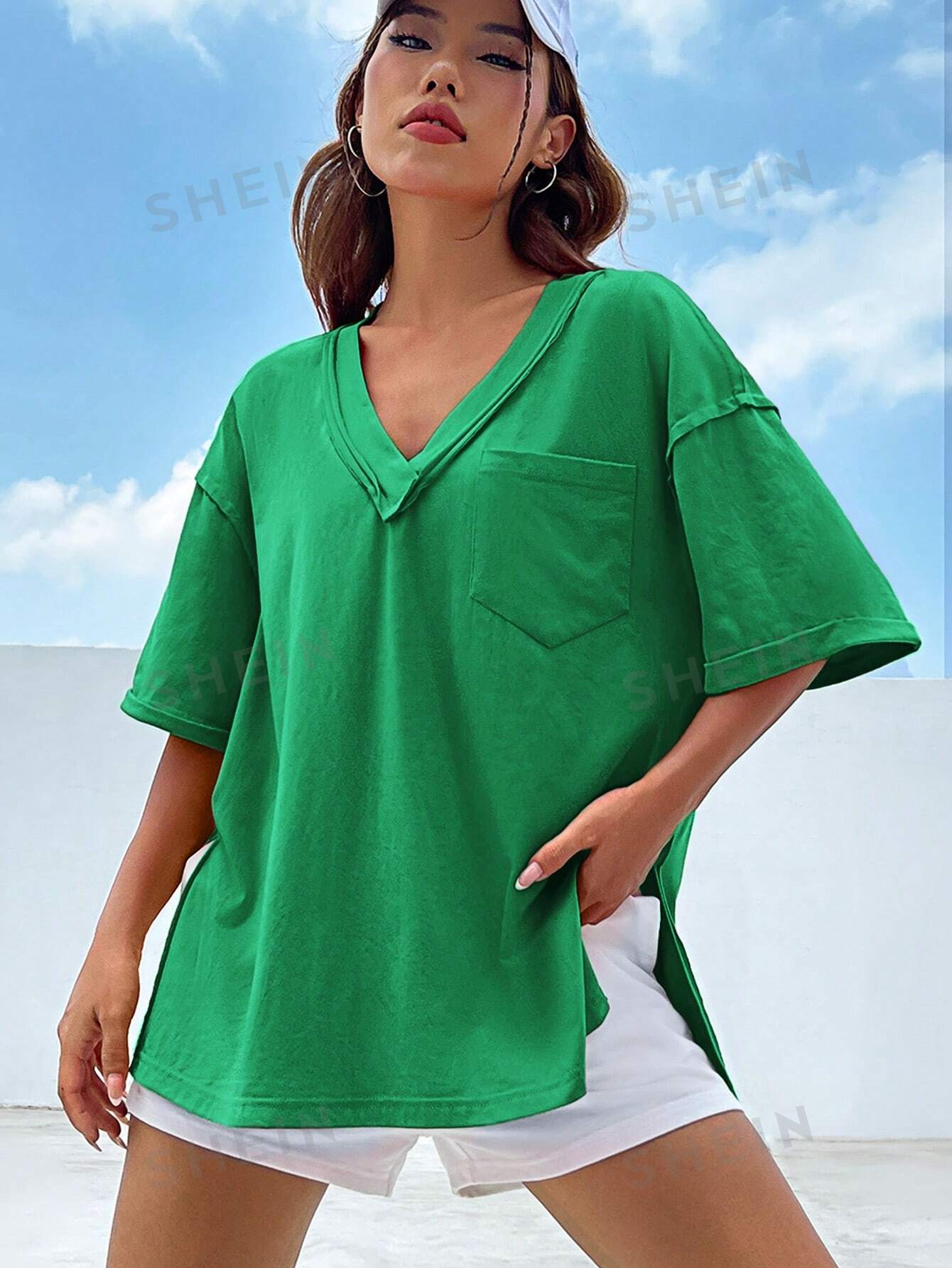 цена SHEIN EZwear Зеленая футболка свободного кроя с заниженными плечами и боковыми разрезами, зеленый