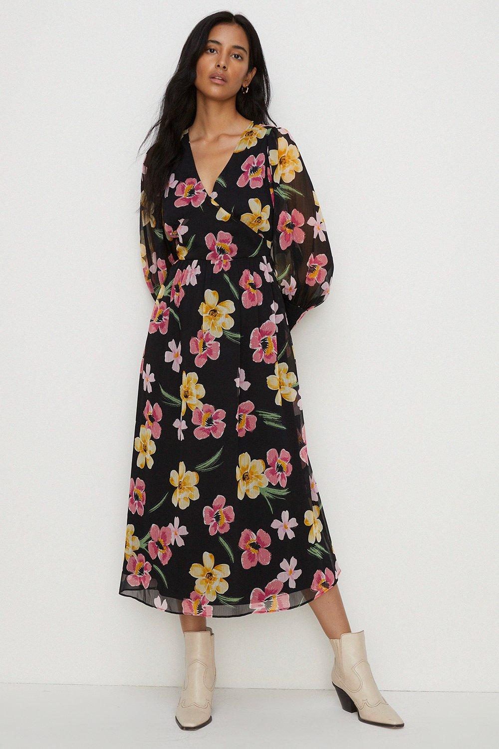 Миниатюрное шифоновое платье-миди с цветочным принтом Oasis, черный шифоновое платье миди с цветочным принтом длинным рукавом и оборками