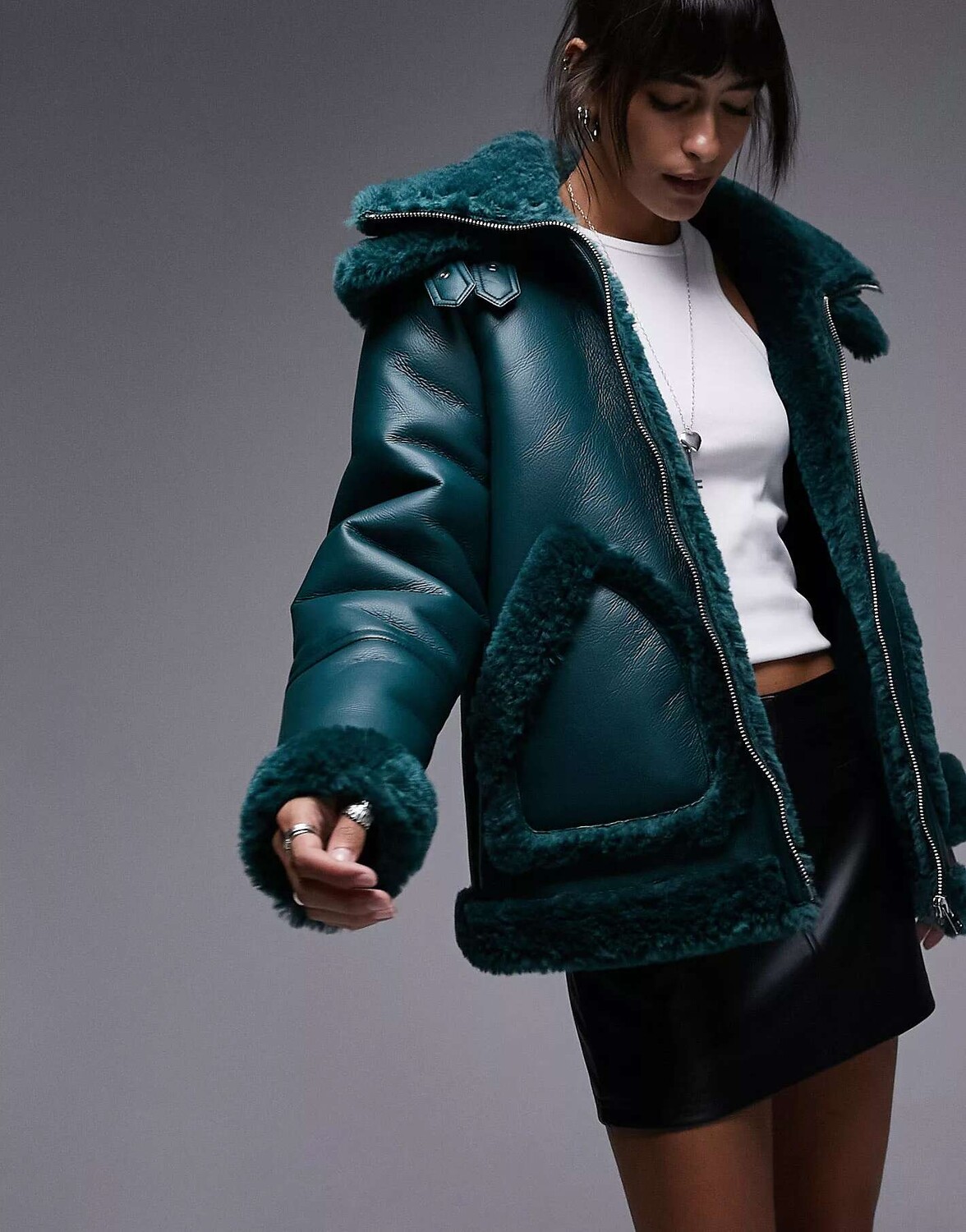 

Бирюзовая куртка-авиатор из искусственной овчины Topshop большого размера с двойным воротником, Зеленый