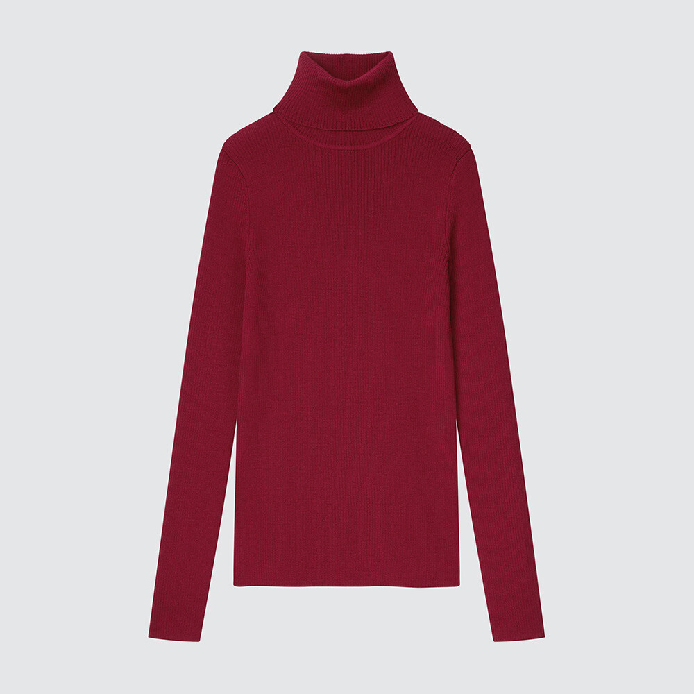 

Свитер Uniqlo камвольный в рубчик с двумя лацканами из мериносовой шерсти, красный