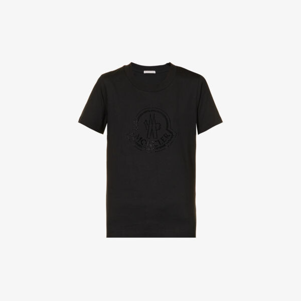

Футболка из хлопкового джерси с фирменным декором и стразами Moncler, черный