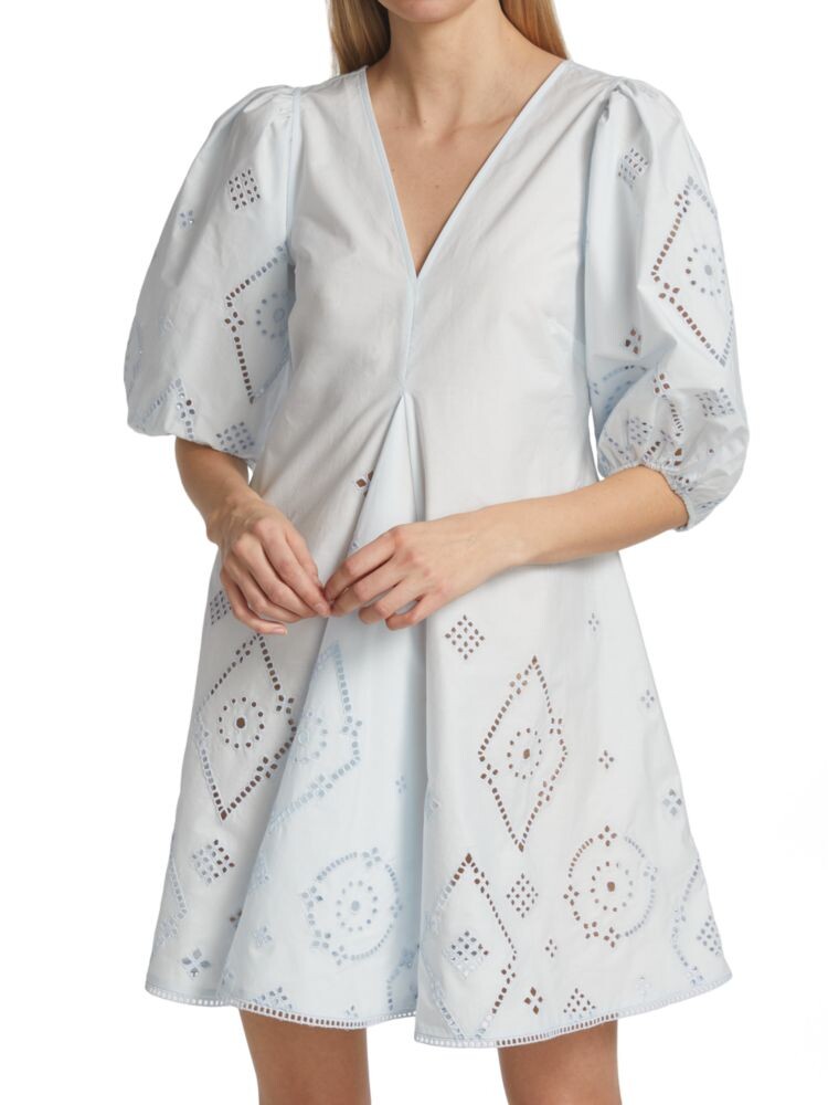 

Мини-платье Broderie Anglaise с пышными рукавами Ganni, цвет Illusion Blue