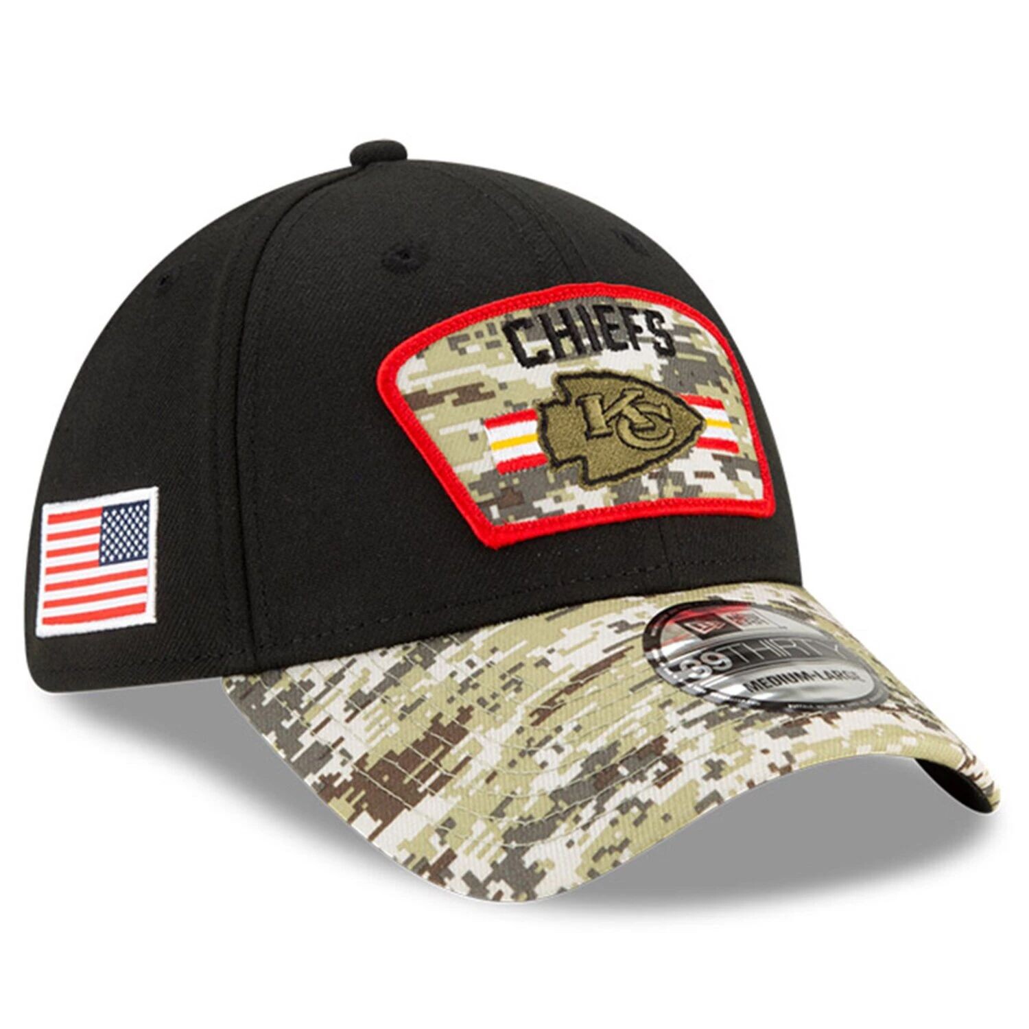 

Мужская кепка New Era Black/Camo Kansas City Chiefs 2021 Salute To Service 39THIRTY Flex Hat