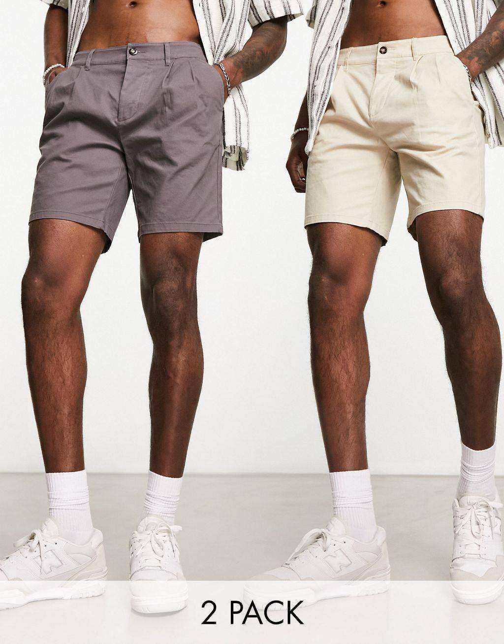 

Темно-серые бежевые шорты-чинос средней длины ASOS DESIGN 2 Pack